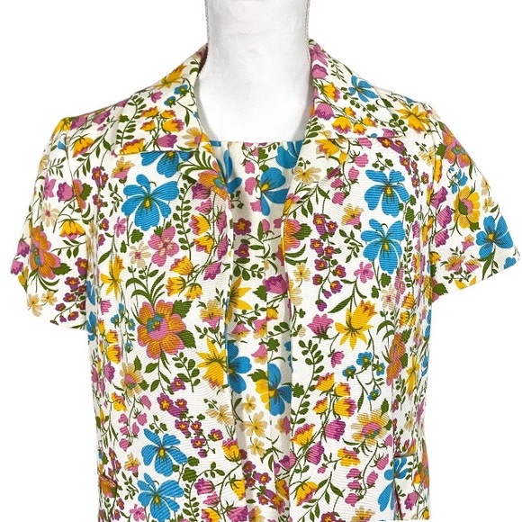 Vintage 60s David Crystal Floral Dress Suit Set S Ivory Pink Blue Yellow Green - Picture 5 of 13
